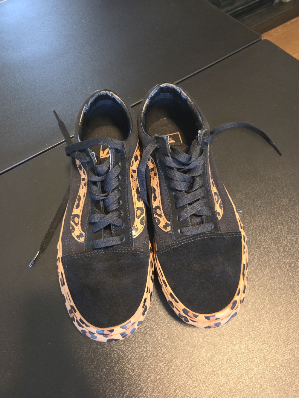 Womens/Mens Black Suede Sneakers with Leopard Accent
